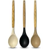 Deconox 30 cm Bambu Saplı Silikon Servis Kaşığı, Derin Hazneli Yemek Kaşığı, Makarna Sebze Pilav ve G&uuml;nl&uuml;k Servis İ&ccedil;in Mutfak