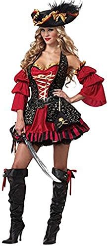 huiyemy Women Pirate Costume Europe Chest Wrap Fancy Dress Sexy Middle Sleeve Skirt Halloween Party Pirate Cosplay Outfit With Flare Sleeves,M