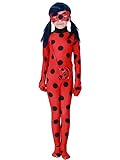 Eleasica Enfant Miraculous Ladybug Costume Combinaison Masque Sac Manches Longues Cosplay Rouge A Pois Respirant Doux Déguisement Halloween Noël Anniversaire Carnaval Fête, Rouge, 95-110cm