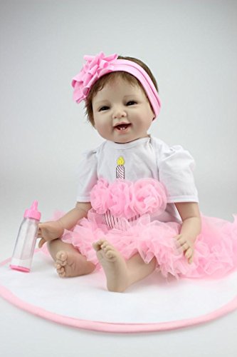 Nicery Reborn Baby Doll Soft Simulation Silicone Vinyl 22inch 55cm Magnetic Mouth Lifelike Toy Smile Princess Girl Pink Dress