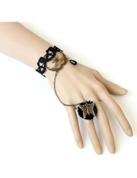 Gothic, Mittelalter, Schwarz mit Spitze Venice Maske und Schmetterling mit Perlen-Armband mit Ring-Geschenkbeutel...