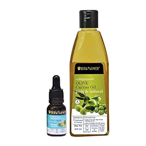Soulflower Tea Tree Essential Oil 15ml & Coldpressed Olive Carrier Oil 225ml 100% Pure and Natural for Dandurff Free, long, Shiny and Strong Hair, Reduces Acne on Skin and Face - Pack of 2 (With Free Dropper)