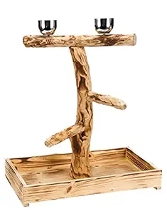 Penn Plax Bird Perch with 2 Stainless Steel Feeding Cups and Drop Tray Wood Large 15 inch Height