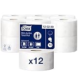 Contenido del envío: 12 rollos minijumbo de 2 capas, blanco, compatibles con el sistema higiénico de Tork T2. Largo del rollo: 170m, 12 x 850 hojas, 9.4x20cm (AxL)