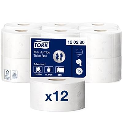 Tork 120280 Papier toilette Mini Jumbo Advanced - Blanc - 2 plis - lot de 12 rouleaux - 12 x 850 feuilles