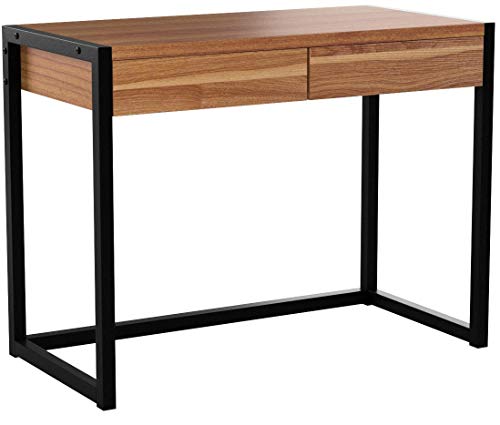 eSituro Table d'ordinateur en Bois et Acier avec 2 tiroirs, Design Rétro Bureau de Travail,SCD0023 Hêtre Foncé