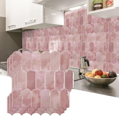 Vamos Tile Piastrelle autoadesive da parete in vinile rosa, 10 fogli, per cucina, bagno, camper (design più spesso)