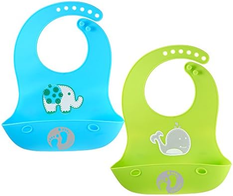 Two Pack Roll Up Meal Time Bib With Pocket, Soft Silicone Easy Clean, Babies and Toddler - Green &amp; Blue