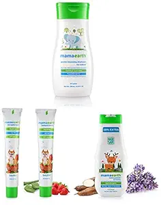 Mamaearth Gentle Cleansing Shampoo for Babies (200 ml, 0-5 Yrs) & 100 Percent Natural Berry Blast Kids Toothpaste, 50g & dusting Powder with Organic Oatmeal & Arrowroot Powder 150g Combo