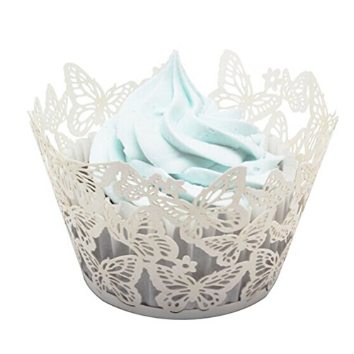 ROSENICE 50 Stück Cup Cake Cupcake Wrappers, Kuchen Pappbecher für Hochzeit Geburtstagsparty – Schmetterling hohlen Muster (weiß) - 2