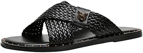 SYYAN Men's Beach Leather Woven Non-slip Hand made Flip Flop Sandals black ZS19609, black, 40