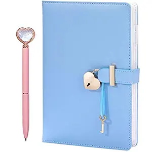 Heart Shaped Lock Diary with Key&Heart Diamond Pen,PU Leather Cover,A5,Journal Secret Notebook Gift for Women Girls (A5(8.5