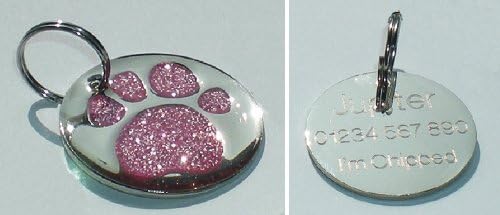 25mm (approx size 10p coin) PINK Glitter Paw Pet Dog Round ID Tag - FREE ENGRAVING + P&P