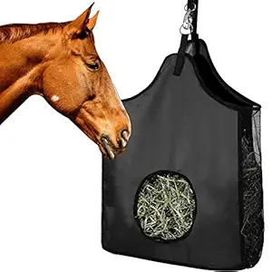 Horse Hay Bag Large Sturdy Horse Feeding Hay Bag Horse Feeder Tote Bag with Metal Rings for Horse Sheep Cow 600D Nylon (Black)
