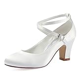  ElegantPark HC1808 Mujer Cerrado Puntiaguda Cruzar Correas Estilete Bloquear Tacon Altos Satín Boda Nupcial Zapatos Marfil EU 38