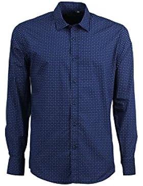 Camicia da uomo blu con microfantasia bianca floreale