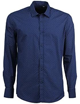 Camicia da uomo blu con microfantasia bianca floreale