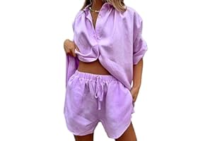 Siyova Completo da Donna in Cotone e lino Tinta Unita Camicia con Bottoni a Mezza Manica + Pantaloncini con Coulisse Completi Estivi Casual 2 Pezzi