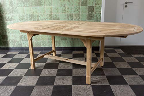 EMAN Möbelvertrieb Stabiler Gartentisch Oval ausziehbar 170-220 x 110 x 74 Teak-Holz