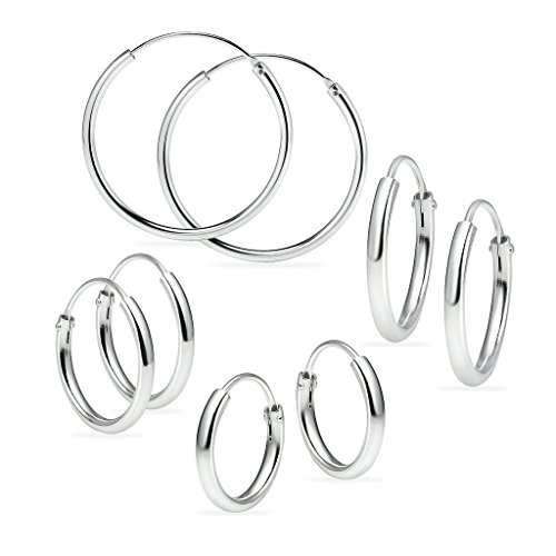 Juego de cuatro pendientes de aro unisex de plata de ley, pequeños, sin fin de 1,2 mm x 10 mm, 12 mm, 14 mm y 24 mm, ligeros, finos y redondos, varios colores