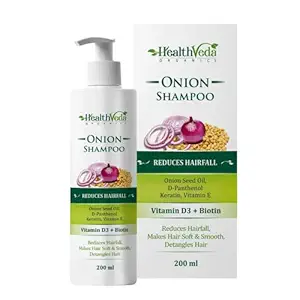 Health Veda Organics Onion Shampoo, 200 ML | With Vitamin D3 & Biotin for Hair Growth & Hair Fall Control | Suitable for all Hair Types for both Men & Women | No Sulphate, No Paraben, & No Silicon