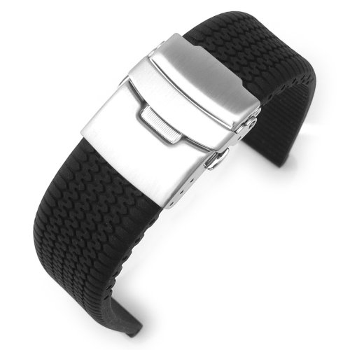 20mm Black Color Tire Tread Silicone Watch Strap, Brushed Diver Clasp