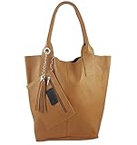  Freyday Damen Echtleder Shopper mit Schmucktasche in vielen Farben Schultertasche Henkeltasche Handtasche Metallic look (Cognac)