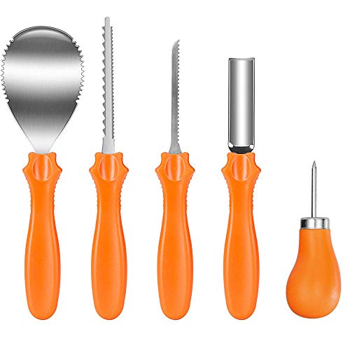 HyAiderTech Herramientas de Talla de Calabaza, Calabazas Decoración, 5 Piezas Pumpkin Carving Kit Acero Inoxidable Calabaza Talla Kit Plantillas de Talla Decoración, Decoración de Halloween