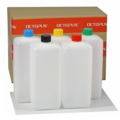 5 x 1000 ml Octopus Kunststoffflaschen, HDPE Plastikflaschen mit bunten Schraubverschlüssen, Leerflaschen mit farbigen Schraubdeckeln, Vierkantflaschen inkl. 5 Beschriftungsetiketten