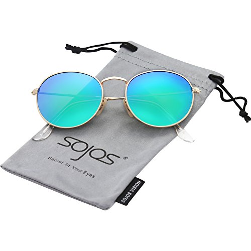 SOJOS Redondo Clásico Espejo Lentes Brillo UV Portección Polarizado Unisex Gafas De Sol SJ1014 Dorado Montura/Verde lentes