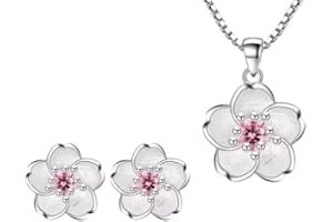 HELENA ROSE JEWELLERY 925 Sterling Silver Cherry Blossom Ladies Jewellery Set - Matching Pink Crystal Flower Necklace and Stud Earrings - 45cm Chain - with Jewellery Gift Box.