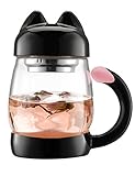 BZY 420 ml / 14 oz Portable Cute Cat Tail Glass Tea Cup with a lid, Heat Resistant Mugs with a Strainer (Black)