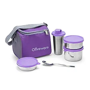 SOPL-OLIVEWARE Insulated Fabric Bag Leak Proof Full Meal & Easy to Carry Milano Lunch Box 3 Stainless Steel Containers and Sipper with Steel Spoon for School, College & Office (Purple)