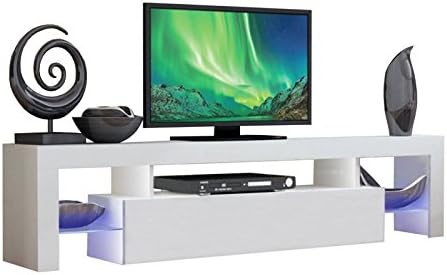 Furnituremaxi Modern TV Unit 150cm Cabinet Matt High Gloss with LED Lights, Wood, White, 149 x 34 x 37.5 cm