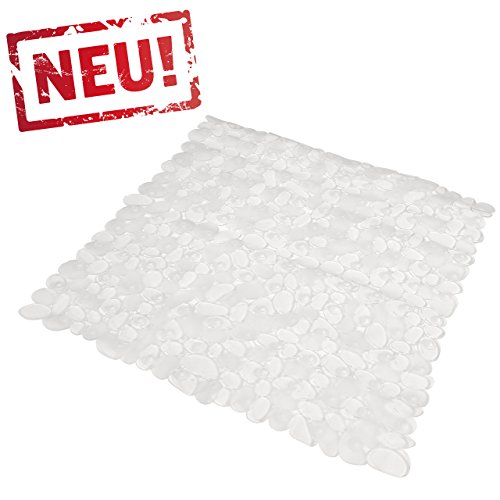 Klare Transparente Anti Rutsch Matte für die Dusche - Duscheinlage mit Saugnäpfen - Schadstofffreie Duschmatte in schöner Kieseldekor Steinoptik - Größe: 53 x 53cm