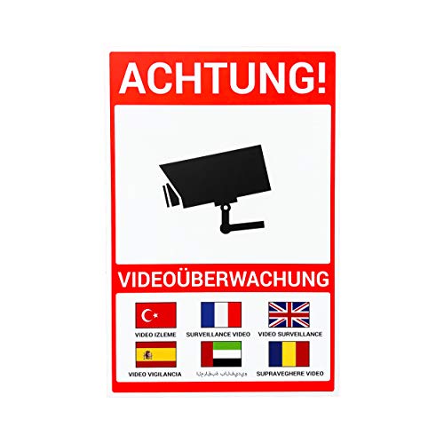 Preisvergleich Produktbild Achtung Videoüberwachung Schild / Hinweisschild / Warnschild / Mehrsprachig / Immobilie / Grundstück / Privatbesitz / Alu-Verbundplatte / (30 x 20 cm)