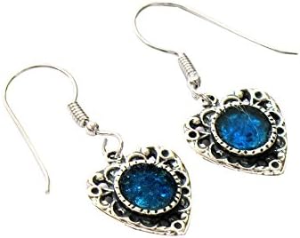 Heart Earrings for Women in Sterling Silver with 2000 year Historic Ancient Roman Glass | Unique Roman Empire History | Handmade Artisan Jewellery for Women | Archeological Glass Fragments