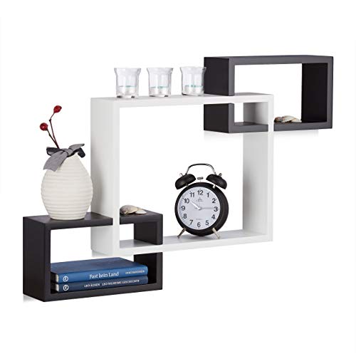 Relaxdays Étagère carré Flottante à Suspendre Lot de 3 Cubes assemblés Mural Bois MDF HxlxP: 48x70,5x10 cm, Blanc-Noir