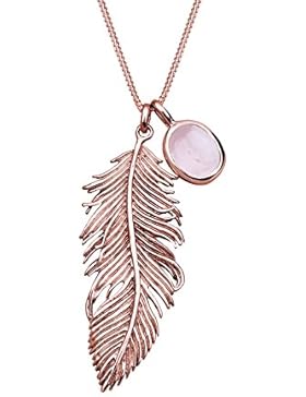 Elli Damen Halskette mit Anhänger Feder Boho 925 Sterling SilberVergoldet Rosenquarz Rosa 70 cm