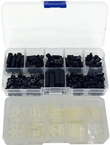 300 Pcs M3 Nylon Hex Nuts Screws Spacers Stand-Off Plastic Accessories Assortment White, Black and White
