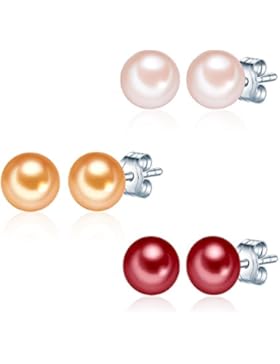 Valero Pearls Classic Collection Damen-Set: 3 Paar Ohrstecker Hochwertige Süßwasser-Zuchtperlen in ca.  7 mm Button...