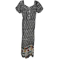 Mogul Interior Women's Caftan Maxi Dress Black Printed Cotton Night Wear Nightgown L