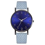 AchidistviQ-Fashion Herren-Armbanduhr, Kunstleder, rundes Zifferblatt, 12 Sternzeichen, analog, Hellblau
