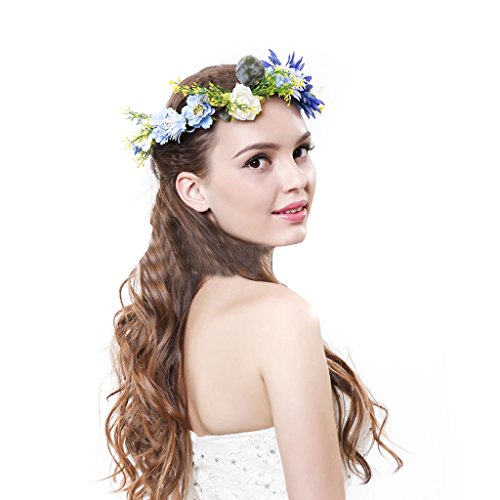 Phenovo Haarkranz Blumenkrone Blumenkranz Blumen Kranz Haarband Girlande Schmuck – Blau Sonnenblumen - 5