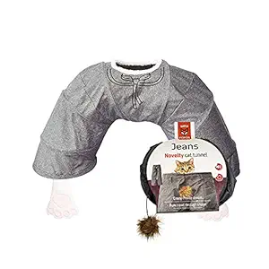 Barkbutler x Fofos Catboy Tunnel Half Donut, Grey | Sturdy Spring Steel Frame | 3 Entry & Exit Points | 2 Plush Toys with Catnip Inside | Lightweight Foldable Structure for Easy Travel + Storage