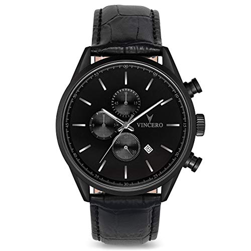 Reloj de Pulsera Chrono S de Lujo para Caballeros Vincero - Negro Mate con Correa de Cuero Negro - Reloj Cronógrafo de 43mm - Movimiento de Cuarzo Japonés