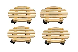 Wood Work King Round Wooden Trolley Plant Stand, Trolley Heavy Duty Wheels Round Flower Pot Trolley, Beige Planter Trolley Rolling Tray Coaster, 4 Moving Wheels Plant Trolley - (Set of 4)