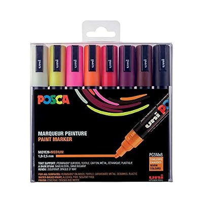 Posca - Uni Mitsubishi Pencil - 8 Marqueurs PC5M - Pointe Conique - Couleurs Chaudes Pointe Moyenne - Marqueurs Peinture à Base d'eau - Tout Support - pour Papier, Textile, Verre, Galet, Bois