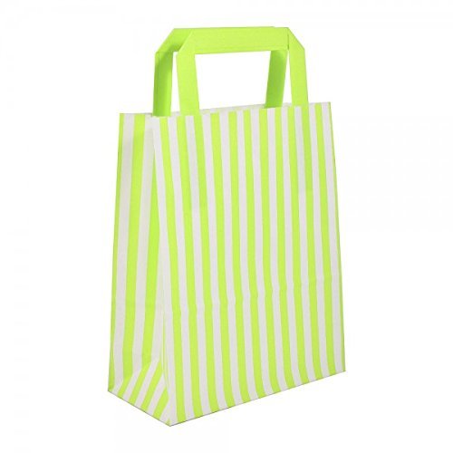 We Can Source It Ltd 20 x Green Candy Stripe Paper Carrier Bags with Flat Handles - 18cm x 22cm x 8cm - WECANSOURCEIT