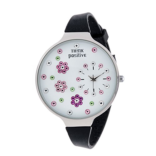Señoras THINK POSITIVE® Modelo SE W112 Flores Grandes De La Correa De Acero De Silicona Color Negro